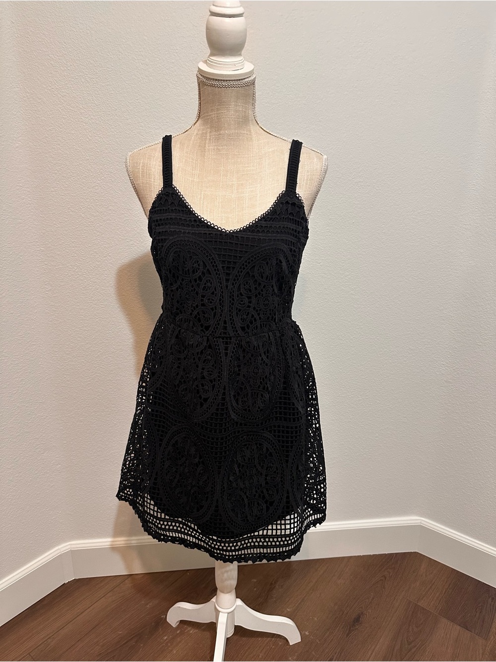 Skies Are Blue Black Crochet Spaghetti-Strap Mini Dress